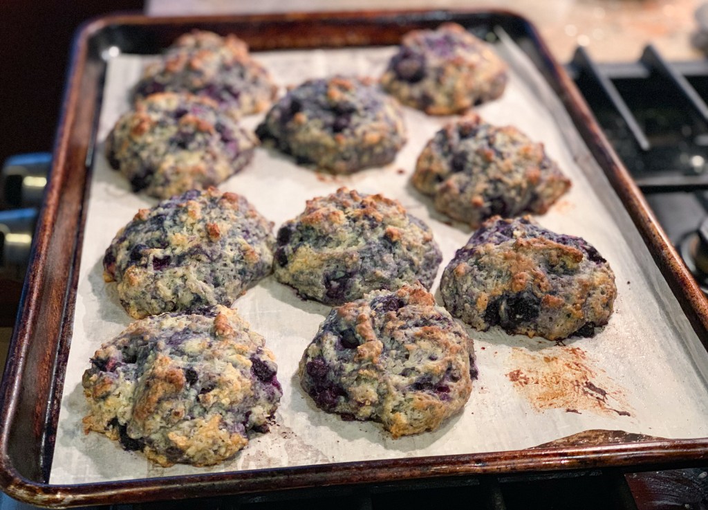 Scones straight from the oven. Browned in spots on the top