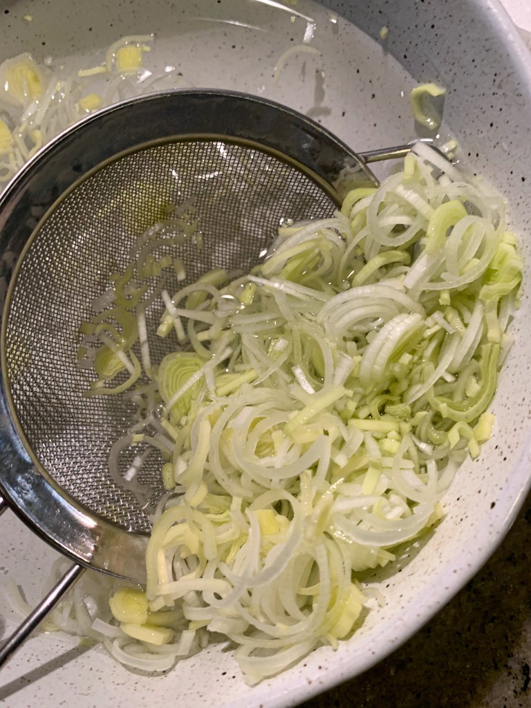 Leeks can be sandy so  soak them in water after slicing
