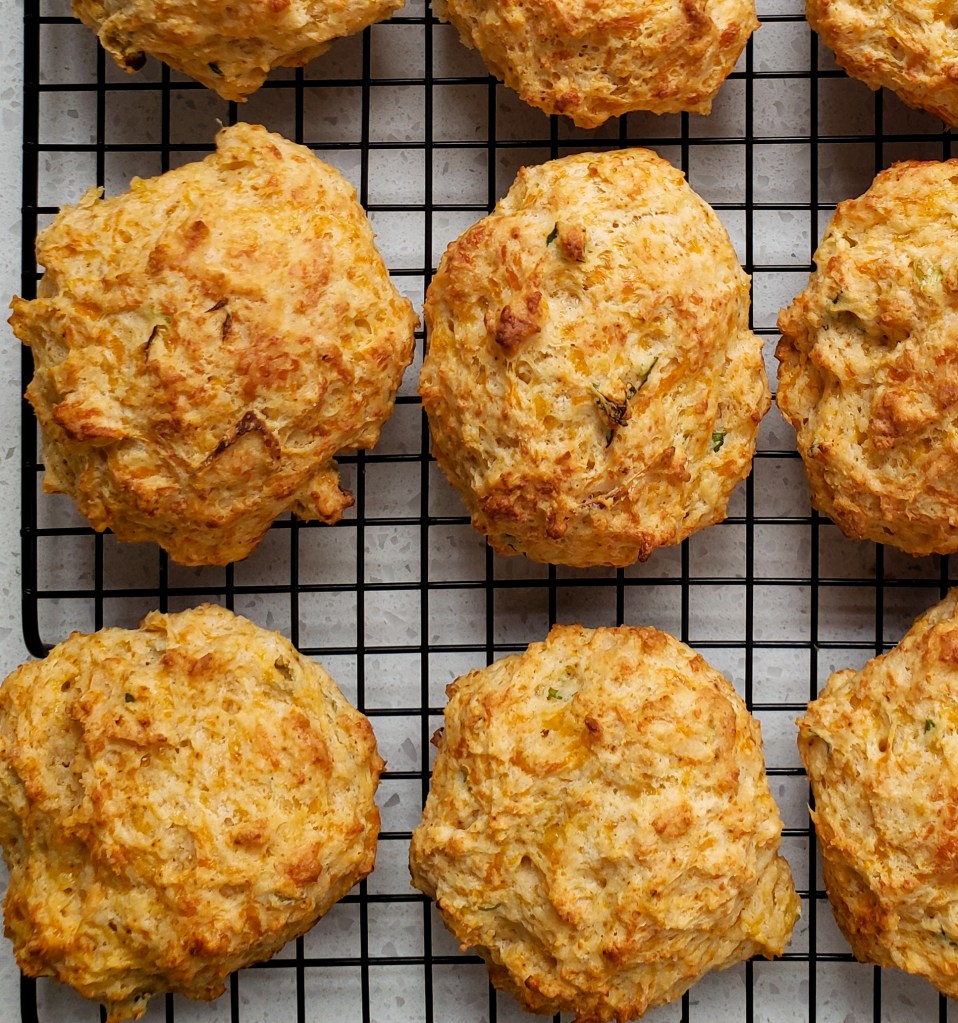 overhead picture of a biscuits o na cooling rack