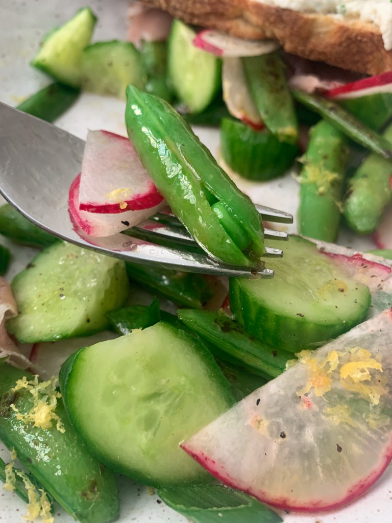 Sugar snap salad with cucumbers and radishes